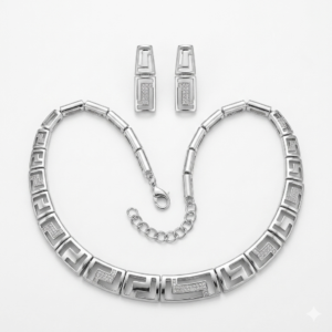 Modern Geometric Greek Key Silver-Tone Jewelry Set
