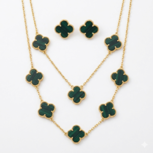 Elegant Malachite Green Four-Leaf Clover Jewelry Set