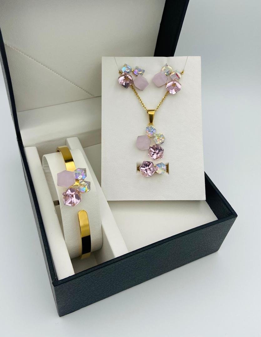 Pink & Iridescent Crystal Geometric Jewelry Set