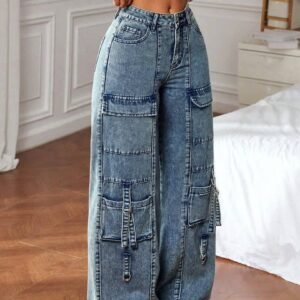 Wide-Leg Denim Cargo Jeans