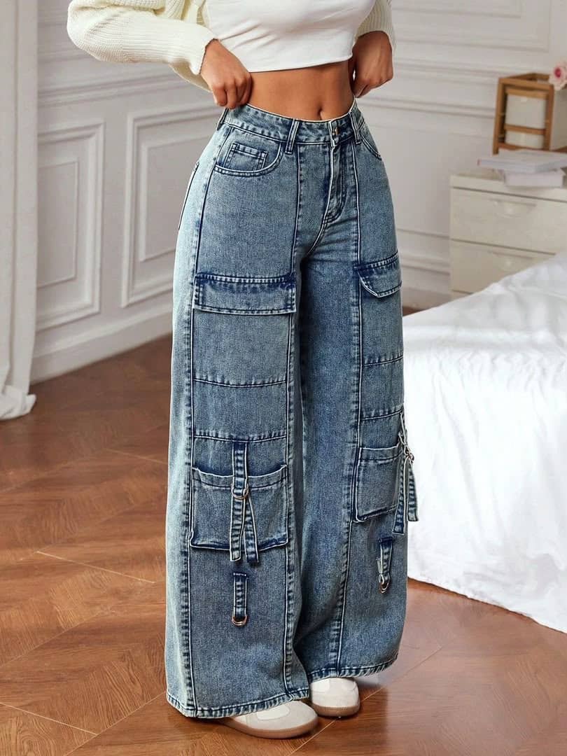 Wide-Leg Denim Cargo Jeans